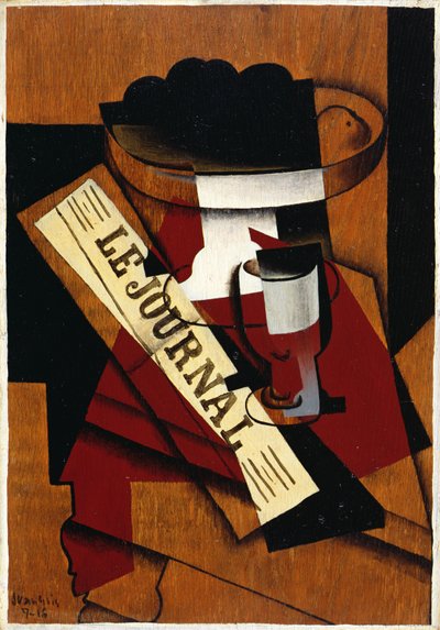 Plato de frutas, vaso y periódico, 1916 de Juan Gris